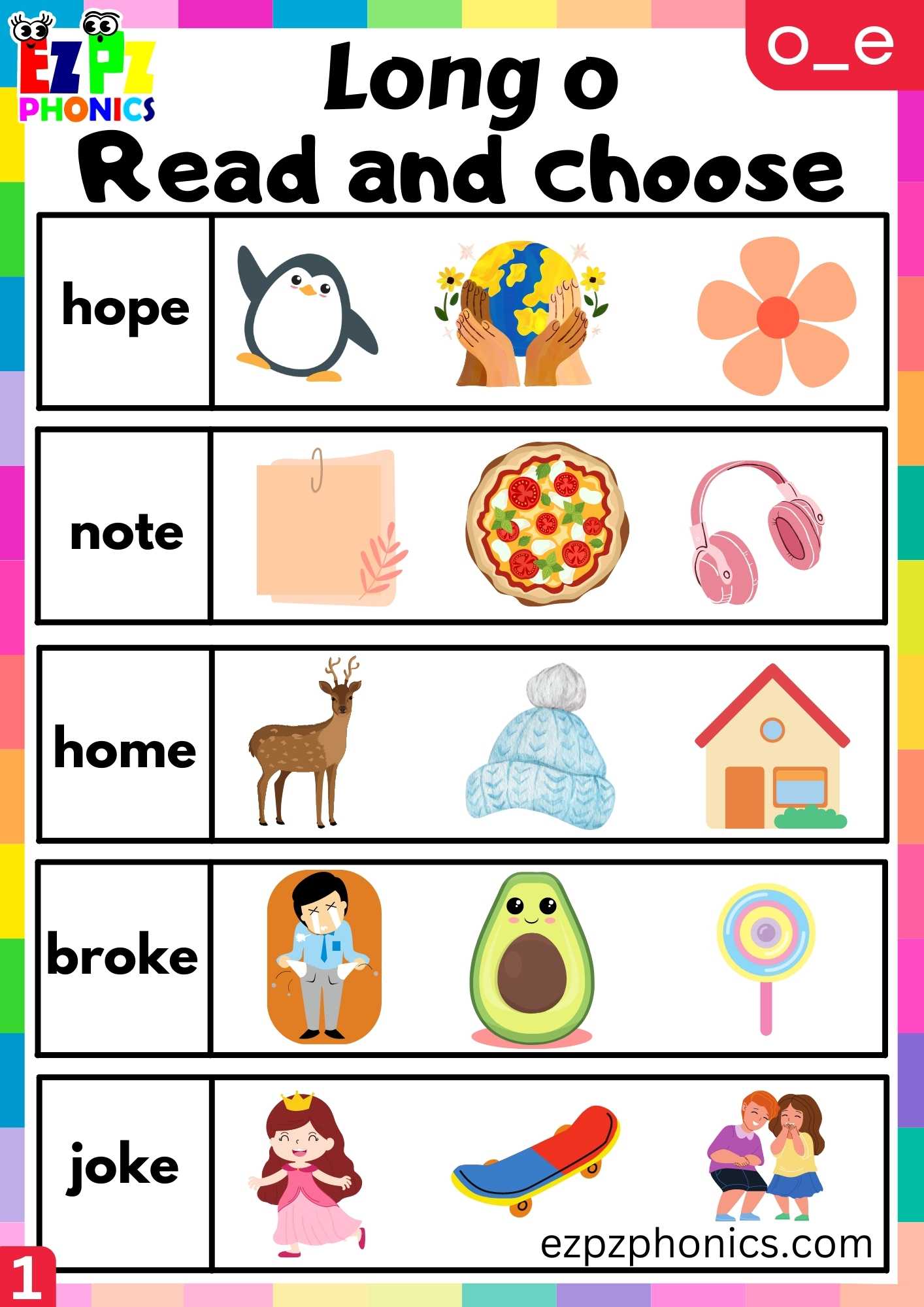 Group1 O_E Words Read And Choose Long O Phonics Worksheet